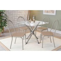 Conjunto: Mesa de Cozinha Volga c/ Tampo de Vidro 90cm e 4 Cadeiras Noruega Niquel - Courano Bege - Kappesberg