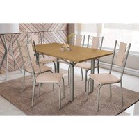 Conjunto: Mesa de Cozinha Elba c/ Tampo de Madeira 160cm e 6 Cadeiras Lisboa Niquel/Nogueira - Courano Bege - Kappesberg