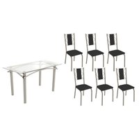 Conjunto: Mesa Sala Jantar Elba c/ Tampo de Vidro 150cm e 6 Cadeiras Lisboa Niquel - Courano Preto - Kappesberg
