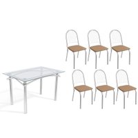 Conjunto: Mesa de Cozinha Elba c/ Tampo de Vidro 120cm e 6 Cadeiras Noruega Cromada - Courano Capuccino - Kappesberg