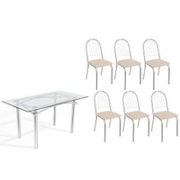 Conjunto: Mesa de Cozinha Elba c/ Tampo de Vidro 150cm e 6 Cadeiras Noruega Cromada - Courano Bege - Kappesberg