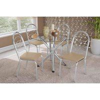 Conjunto: Mesa Sala Jantar Volga c/ Tampo de Vidro 95cm e 4 Cadeiras Holanda Cromada - Courano Bege - Kappesberg