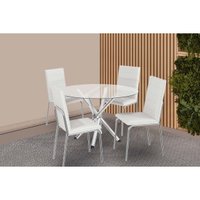 Conjunto: Mesa de Cozinha Volga c/ Tampo de Vidro 95cm e 4 Cadeiras Amsterdã Cromada - Courano Branco - Kappesberg