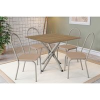 Conjunto: Mesa de Cozinha Volga c/ Tampo de Madeira 90cm e 4 Cadeiras Noruega Niquel/Nogueira - Bege - Kappesberg