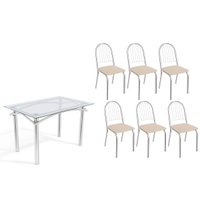 Conjunto: Mesa de Cozinha Elba c/ Tampo de Vidro 120cm e 6 Cadeiras Noruega Cromada - Courano Bege - Kappesberg