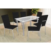 Conjunto: Mesa Sala Jantar Elba c/ Tampo de Vidro 120cm e 6 Cadeiras Amsterdã Cromada - Courano Preto - Kappesberg