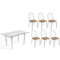 Conjunto: Mesa de Cozinha Elba c/ Tampo de Vidro 150cm e 6 Cadeiras Noruega Cromada - Courano Capuccino - Kappesberg