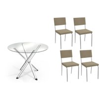 Sala de Jantar Completa Volga c/ Tampo de Vidro 95cm e 4 Cadeiras Zaria Cromada - Boucle Bege - Kappesberg