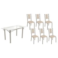 Conjunto: Mesa de Cozinha Elba c/ Tampo de Vidro 150cm e 6 Cadeiras Lisboa Niquel - Courano Bege - Kappesberg