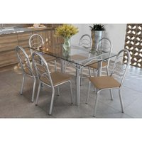 Kit 6 Cadeiras Sala Jantar Elba c/ Tampo de Vidro 150cm e 6 Cadeiras Holanda Cromada - Courano Capuccino - Kappesberg