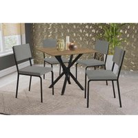 Conjunto: Mesa de Cozinha Volga c/ Tampo de Madeira 90cm e 4 Cadeiras Zaria Preto/Nogueira - Boucle Cinza - Kappesberg