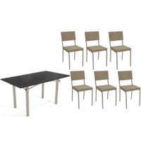 Conjunto: Mesa de Cozinha Elba Tampo Madeirado c/ Vidro 160cm e 6 Cadeiras Zaria Niquel/Preto - Boucle Bege - Kappesberg