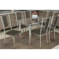 Conjunto: Mesa Sala Jantar Elba c/ Tampo de Vidro 120cm e 6 Cadeiras Lisboa Cromada - Courano Marrom - Kappesberg