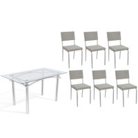 Conjunto: Mesa de Cozinha Elba c/ Tampo de Vidro 140cm e 6 Cadeiras Zaria Cromada - Boucle Cinza - Kappesberg
