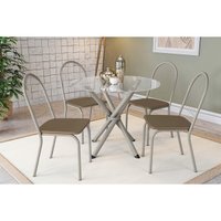 Conjunto: Mesa Sala Jantar Volga c/ Tampo de Vidro 95cm e 4 Cadeiras Noruega Niquel - Courano Capuccino - Kappesberg