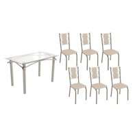 Conjunto: Mesa Sala Jantar Elba c/ Tampo de Vidro 120cm e 6 Cadeiras Lisboa Niquel - Courano Bege - Kappesberg
