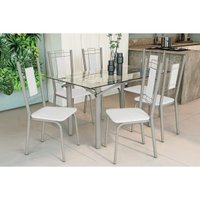 Conjunto: Mesa Sala Jantar Elba c/ Tampo de Vidro 150cm e 6 Cadeiras Florença Niquel - Courano Branco - Kappesberg