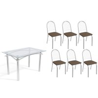 Conjunto: Mesa de Cozinha Elba c/ Tampo de Vidro 120cm e 6 Cadeiras Noruega Cromada - Courano Marrom - Kappesberg