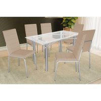 Conjunto: Mesa de Cozinha Elba c/ Tampo de Vidro 140cm e 6 Cadeiras Amsterdã Cromada - Courano Bege - Kappesberg