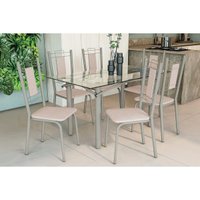 Conjunto: Mesa de Cozinha Elba c/ Tampo de Vidro 150cm e 6 Cadeiras Florença Niquel - Courano Bege - Kappesberg