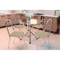 Kit 4 Cadeiras Sala Jantar Volga c/ Tampo de Vidro 95cm e 4 Cadeiras Holanda Cromada - Courano Bege - Kappesberg