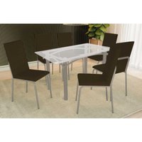 Conjunto: Mesa de Cozinha Elba c/ Tampo de Vidro 150cm e 6 Cadeiras Amsterdã Niquel - Courano Marrom - Kappesberg