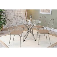 Conjunto: Mesa Sala Jantar Volga c/ Tampo de Vidro 95cm e 4 Cadeiras Noruega Niquel - Courano Bege - Kappesberg