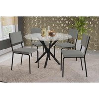 Conjunto: Mesa de Cozinha Volga c/ Tampo de Vidro 95cm e 4 Cadeiras Zaria Preto - Boucle Cinza - Kappesberg