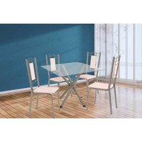 Conjunto: Mesa de Cozinha Volga c/ Tampo de Vidro 90cm e 4 Cadeiras Florença Niquel - Courano Bege - Kappesberg