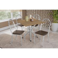 Conjunto: Mesa de Cozinha Volga c/ Tampo de Madeira 90cm e 4 Cadeiras Holanda Cromado/Nogueira - Marrom - Kappesberg