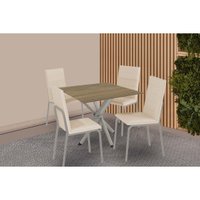 Conjunto: Mesa Sala Jantar Volga c/ Tampo de Madeira 90cm e 4 Cadeiras Amsterdã Niquel - Bege - Kappesberg