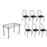 Conjunto: Mesa de Cozinha Elba c/ Tampo de Vidro 120cm e 6 Cadeiras Noruega Niquel - Courano Preto - Kappesberg