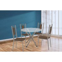 Conjunto: Mesa Sala Jantar Volga c/ Tampo de Vidro 95cm e 4 Cadeiras Florença Niquel - Courano Marrom - Kappesberg