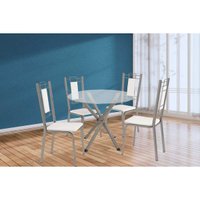 Conjunto: Mesa Sala Jantar Volga c/ Tampo de Vidro 95cm e 4 Cadeiras Florença Niquel - Courano Branco - Kappesberg