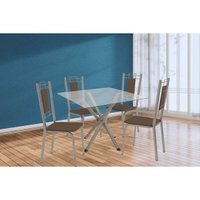 Conjunto: Mesa Sala Jantar Volga c/ Tampo de Vidro 90cm e 4 Cadeiras Florença Niquel - Courano Marrom - Kappesberg