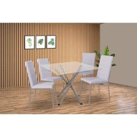 Conjunto: Mesa de Cozinha Volga c/ Tampo de Vidro 90cm e 4 Cadeiras Amsterdã Niquel - Courano Branco - Kappesberg