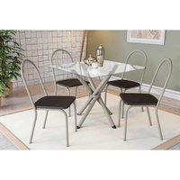 Conjunto: Mesa Sala Jantar Volga c/ Tampo de Vidro 90cm e 4 Cadeiras Noruega Niquel - Courano Preto - Kappesberg