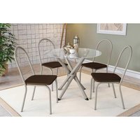 Conjunto: Mesa Sala Jantar Volga c/ Tampo de Vidro 95cm e 4 Cadeiras Noruega Niquel - Courano Marrom - Kappesberg