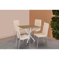 Conjunto: Mesa Sala Jantar Volga c/ Tampo de Madeira 90cm e 4 Cadeiras Amsterdã Cromado/Nogueira - Bege - Kappesberg