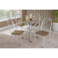 Conjunto: Mesa Sala Jantar Volga c/ Tampo de Vidro 95cm e 4 Cadeiras Holanda Cromada - Courano Capuccino - Kappesberg