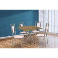 Conjunto: Mesa de Cozinha Volga c/ Tampo de Madeira 90cm e 4 Cadeiras Florença Niquel/Nogueira - Bege - Kappesberg