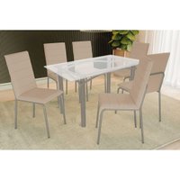 Conjunto: Mesa de Cozinha Elba c/ Tampo de Vidro 150cm e 6 Cadeiras Amsterdã Niquel - Courano Bege - Kappesberg