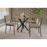 Conjunto: Mesa de Cozinha Volga c/ Tampo de Vidro 90cm e 4 Cadeiras Zaria Preto - Boucle Bege - Kappesberg