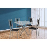 Conjunto: Mesa Sala Jantar Volga c/ Tampo de Vidro 90cm e 4 Cadeiras Florença Niquel - Courano Preto - Kappesberg
