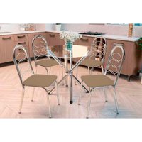 Kit 4 Cadeiras Sala Jantar Volga c/ Tampo de Vidro 95cm e 4 Cadeiras Holanda Cromada - Courano Capuccino - Kappesberg