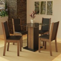 Conjunto Sala de Jantar Madesa Aline - Rustic/Preto  Mesa Tampo de Vidro com 4 Cadeiras