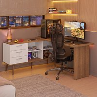 Escrivaninha Em L Mesa Para Computador Gamer 3 Gavetas Lisboa Madesa Branco/Rustic