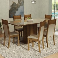 Conjunto Sala de Jantar Mesa Tampo de Vidro 6 Cadeiras Francine Madesa Crema/Rustic/Bege