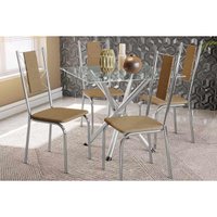 Conjunto: Mesa Sala Jantar Volga c/ Tampo de Vidro 90cm e 4 Cadeiras Lisboa Cromada - Capuccino - Kappesberg