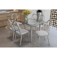 Sala de Jantar Completa Elba c/ Tampo de Vidro 150cm e 6 Cadeiras Holanda Cromada - Courano Branco - Kappesberg